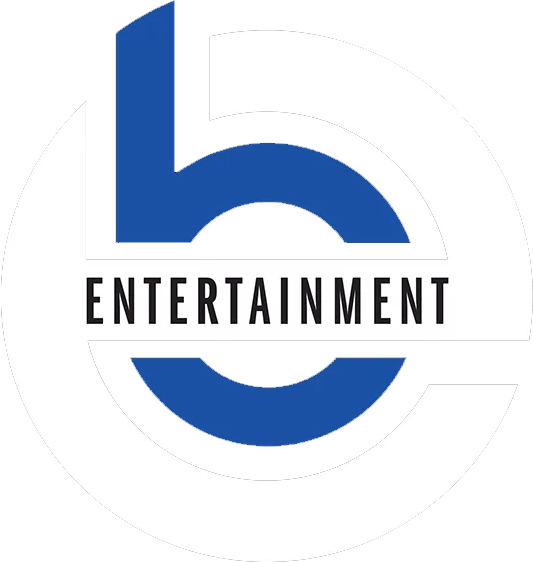 A circular logo with a stylized blue lowercase "b" and "c" forming the letters; the word "ENTERTAINMENT" appears in black capital letters across the center, making it perfect for a WordPress header or Elementor design.