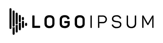 Logo with vertical black bars forming a triangular shape on the left, followed by the text “LOGO IPSUM” in bold and regular black letters on a light gray background.